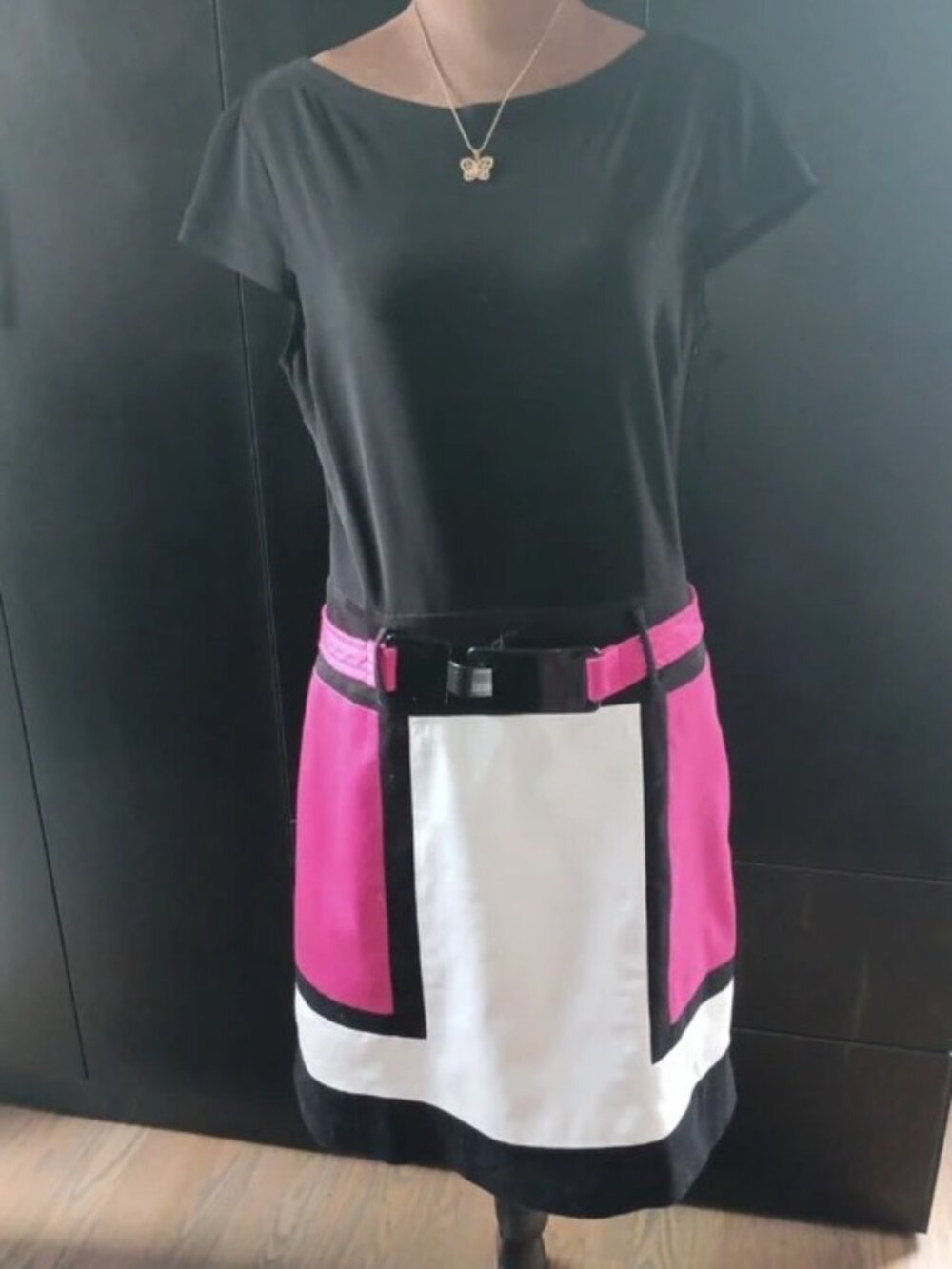 Chetta B Colorblock Dress Black Hot Pink White Belted Size 10